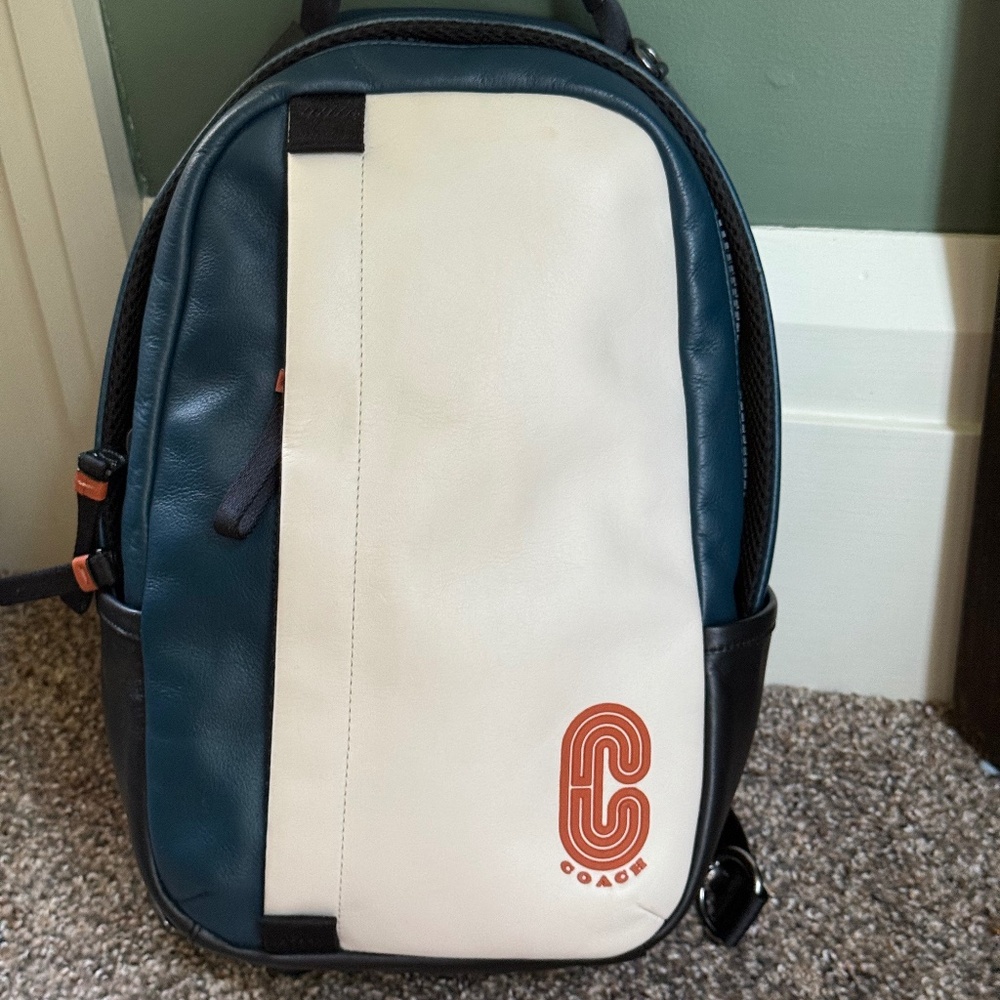 Genuine Men's COACH EDGE Pack Colorblock Crossbody Leather Bag Navy Blue White